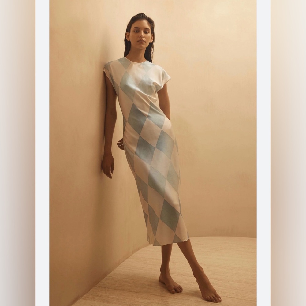 Marysia Swim Blue and Cream Diamond-Print Midi Dress